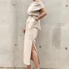 Элегантные сплошные платья для женщин сексуальные косой шеи шеи расколотые высокие талии кружев сверху тонкое платье женское мода одежда 210520