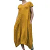 Cotton Linen Summer Women Retro Short Sleeve Big Swing Dress Ladies Long Maxi Chic Holiday Female Casual Dresses