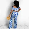 Two Piece Set Women Printed Bandage Off Shoulder Sexy Corset Top+Wide Leg Flare Pants Suits Summer Fashion Tracksuit Outfits 210517