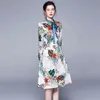 Elegant Floral Summer Fall Women Long Sleeve Striped Bow Tie Collar Flower Print Overlay High Waist Knee Length Dress 210416