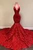 2022 Gorgeous Backless Red Evening Dresses Halter Deep V Neck Lace Appliques Mermaid Prom Dress Rose Ruffles Special Occasion Party Gowns BC10882