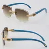 Nouveaux lunettes de soleil sans monture avec diamants micro-pavés Blue Wood Metal Luxury Lunettes de soleil rondes surdimensionnées Cadre masculin et féminin Or 18 carats Lentille UV400 Taille des lunettes: 60