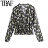 TRAF Women Fashion Semi-sheer Floral Print Ruffled Blouses Vintage Long Sleeve Elastic Waist Female Shirts Chic Tops 210415