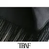 TRAF Women Fashion With Knot Tied Tassel Pleated Velvet Mini Skirt Vintage High Waist Back Zipper Female Skirts Mujer 210415