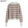 Zevity Kobiety Rainbow Paski Print Hollow Out Crochet Dzianiny Sweter Płaszcz Kobiet Chic Breasted Jacquard Cardigan Topy SW803 210918