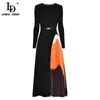 Ld linda della spring autum moda pista vintage elástico de malha vestido mulheres manga longa patchwork plissado elegante MIDI vestido x0521