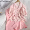Kimutomo Frauen Süßes Set Koreanischer Stil Einreiher Blumendruck Kurzarmhemd + Split Solid Bodycon Rock Zweiteiliges Set 210521