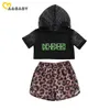 1-5Y zomer mode kind kinderen meisje kleding set brief hooded tops luipaard shorts outfits zwarte kostuums 210515