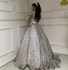 2022 Glitter Ball Gown Plus Size Abiti da sera con maniche lunghe a sbuffo Arabo scintillante grigio argento con paillettes Abiti da ballo lunghi Abito da festa WJY591