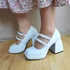 2021 Lady Real Sheepskin Deri Bayanlar Elbise Ayakkabıları 8.5cm Chinky Yüksek Topuk Platform Sandalet Kare Ayak Parçaları Evlen Jane Tek Satır Toka Düğün Hook Döngü