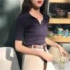 韓国の女性エレガントでカジュアルなポロプランジネック半袖ニットシャツクロップトップ210529