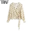 Moda damska z łukiem związany kwiatowy druk bluzki vintage v szyi z długim rękawem kobiece koszulki blusas eleganckie topy 210507