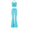 Mmiot 2 Piece Set Y2K Streetwear Sexy Bandage Blue Co-ord Suits 2000s Fashi on Drawstring Halter Top and High Waist Flare Pants Q0801