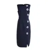 Office Ladies Navy Blue Runway Women Elegant Floral Appliques Button Bodycon Split Midi Summer Sleeveless Vest Dress 210416