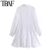 Vrouwen chique mode gegolfde zoom witte mini jurk vintage lange mouw button up vrouwelijke jurken vestidos mujer 210507