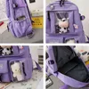5-piece Fashion Women's Backpack Pure Color Cute Cartoon Student School Bag Canvas Large Capacity Lightweight Travel Backpacks 220209