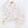 Весенние дамы Pajamas Set Сердце напечатаны Crepe Хлопок Двухслойный марлевой поворотный воротник с длинным рукавом Брюки бытовой одежды 210809