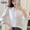 Moda Mulheres Tops e Blusa Hollow O Collar Branco Camisa Lanterna Sleeve Camisas Algodão 2731 50 210521