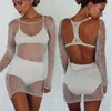 Women Dress Sexy Ladies Bodycon Mesh Sheer Mini High Quality Female Hollow Out V-Neck See-through Transparent Backless Clothing 210522