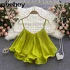 Ontwerp Chiffon Strap Crop Tops Vrouwen Sexy Mouwloze Solid Ruches Y2K Tops Zomer Korean Off Shoulder Short Camisole 210715