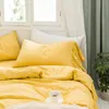 Sängkläder Ställer Gul Vit Grå Grön Blå Tvättad Bomull Tjej Set Sängkåpa Monterade Ruffles Sheet Linne Solid Duvet Pillowcases Färg