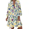 Повседневные платья оборками Свободные V-образные вырезывающие платье женщины лето с длинным рукавом цветочные печать женщина 2021 мода белый пляж