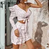 Glamaker Sexy one shoulder floral print 2 piece suits Women holiday ruffles mini dress Elegant crop top and skirt lady sets 210730