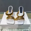 Sexy Gold Mules High Heels Sandalen Frauen Metall dekorieren Designerschuhe Frau Heeled Sandal Ladies Runway Pantoffeln