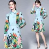 Fashion Runway Summer Elegant Blue Dress Women Long sleeve Vintage Jungle Animal Floral Print Mini 210506
