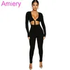 Autumn Solid Color Tight Jumpsuits Fashion Sexy Lace Up Hollow Out Long Sleeve Bodysuits For Women A001