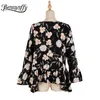 Okrągła szyja Ruffle Hem Kobiety Topy i bluzki Casual Wakacje Floral Print Top Spring Flared Sleeve Luźna Bluzka 210510