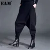 [EAM] Весенняя мода черная высокая талия эластичные карманы пэчворк повседневная женщина полная длина гарема штаны SA155 210915