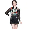 Zomer Autumn Fashion Runway Shorts Suit Suit Dames Zwarte Floral Print Blouse Mesh Shirt + Vintage Mini Rok Twee stukken Set 210520