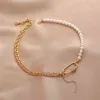 Fashion Jewelry 18K Gold Plated Geometric metal chain splicing Natural Frhwater Pearl Necklace for Christmas