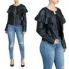 Black Faux Couro Bomber Jaqueta Mulheres Manga Longa Zíper Ruffle Churrascaria Motocicleta Slim Casacos Curtos e Casacos Outerwear