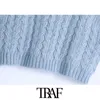 TRAF女性スウィートファッション特大のケーブルニットベストセーターヴィンテージvネックノースリーブ女性チョッキシックトップ210415