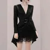 Autumn Black V-Neck Slim Waist Belt Long Sleeve Satin Blazer Jacket + Bodycon Ruffles Patchwork Lace Mini Skirt Two-piece Suit 210416