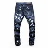 Designer mager fötter byxor mens jeans rippade färg splatter retro blå rak kvalitet jean streetwear tiggare streepants