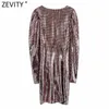Zevity Spring Women Sexy V Neck Puff Sleeve Sequined Pleated Slim Mini Dress Female Chic Club Party Vestidos Casual Cloth DS4880 210603