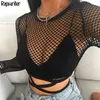 Sexy See przez Hollow Out Lace Up Perspective Mesh Fishnet Tee Women Cross Bandaż Z Długim Rękawem Topy T Shirt 210510