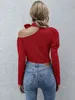 Sexy One shoulder red blouse shirt Women fashion bownot choker blouse tops autumn winter Female puff sleeve blouse 210415