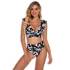 Ruffle High Waist Bikini Baddräkt Kvinnor Badkläder V-Hals Två Pieces Set Tryckt Blommig Baddräkt Swim Kvinna 210520