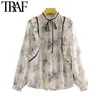 TRAF Women Fashion With Ruffle Trims Print Chiffon Blouses Vintage Long Sleeve Button-up Female Shirts Chic Tops 210415