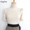NEPLOE O Neck Axel Strapless Pullover Stickad tröja Kvinnor Långärmad Pull Femme Vår Sommar Solid Sueter 210806