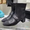 Designer - Bottes hautes en cuir noir pour femme Talons carrés Chaussures à boucle haute pour femme