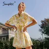 Printemps été Vintage imprimé floral mini décontracté une ligne dames chemise mode jaune femmes robe vestido 210414