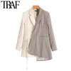 TRAF Women Fashion Patchwork Check Asymmetric Blazer Coat Vintage Long Sleeve Tied Belt Female Outerwear Chic Tops 210415
