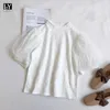 Ly Varey Lin Sommar Kvinnor Söt Gauzze Puff Sleeve Vit Skjortor Blus Casual Stand Krage Lace Solid Färg Kort Toppar 210526