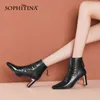 Sophitinaの女性の靴秋冬のプレミアムレザー手作りアンクルブーツスクエアトージッパーカジュアルハイヒールの女性のブーツSO679 210513