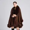 Elegancka V Lapel Rex Rabbit Fur Coat Cape Winter Women Duże Długie Szal Pełna Wykończenia Faux Fur Cashmere Cloak Płaszcz Parka 2021 Nowy Y0829
